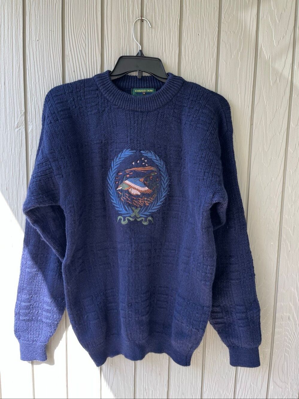 VTG Embassy Row Worsted Wool Mallard Duck Embroidered Sweater Large Navy